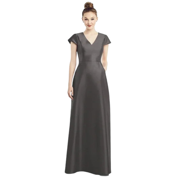 Alfred Sung D779 Cap Sleeve V-Neck Satin Gown with Pockets in Caviar Size 18 - Picture 1 of 8